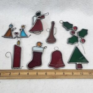 Lot of 8 Vintage Hand Made Stained Glass Christmas Suncatchers Angel Holly Bells